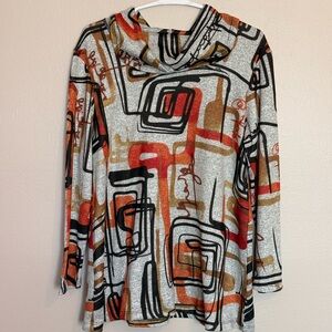 Jess & Jane Top Women's S Black Orang Gold  Abstract Artsy Cowl Neck Tunic Soft